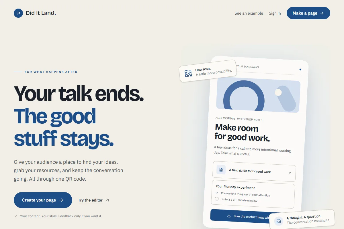 The Did It Land site, showing a post-talk page with a summary, a resource and a takeaway pack.