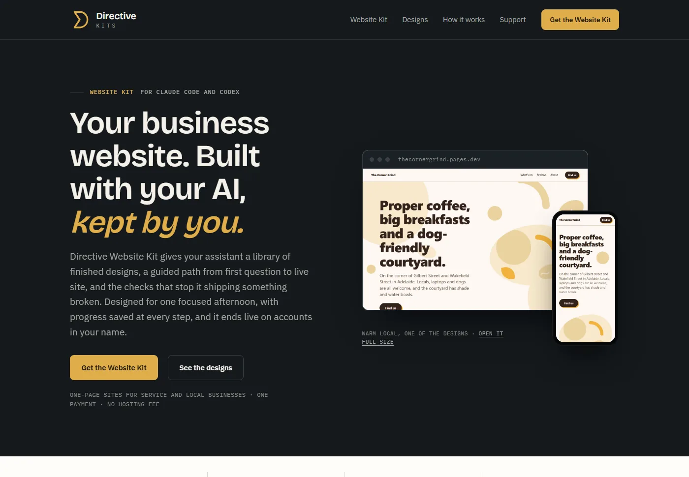 The Directive Kits site, showing the Website Kit with a finished café design on desktop and phone.