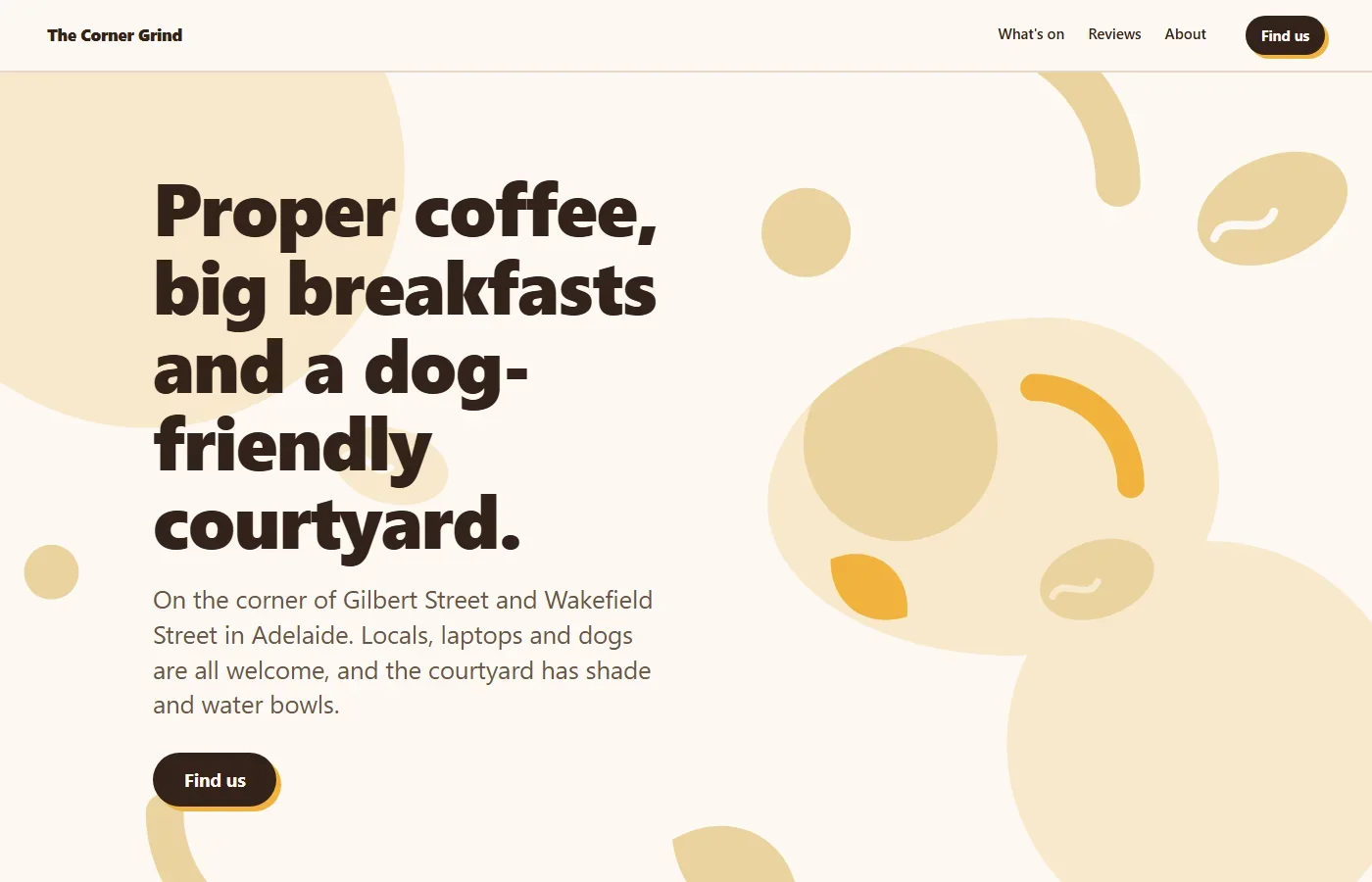 Warm Local, a finished Website Kit design for a fictional café, with a warm cream layout and a Find us button.